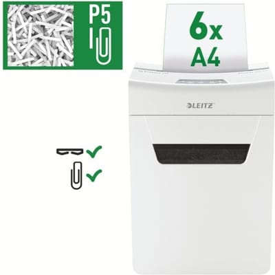 Leitz IQ 6M Protect Premium papiervernietiger P5, micro cut 2 x 15 mm, 18 l, 6 vel snijcapaciteit, anti-papierstoringstechnologie, wit