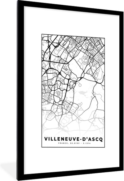Fotolijst incl. Poster Zwart Wit- Kaart - Stadskaart - Frankrijk - Villeneuve-D'Ascq - Plattegrond - Zwart wit - 60x90 cm - Posterlijst