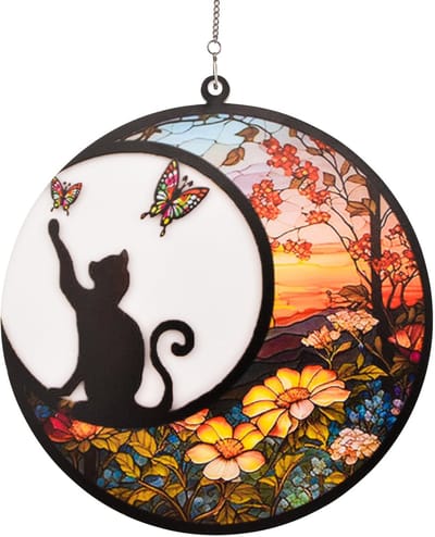Dailygoods- Glas-in-lood Zonnevanger Zwarte Kat Op De Maan - Raamdecoratie - Herdenkingsgeschenk - Decoratieve Ornament - Eenvoudig te Installeren - 5.8x6.2 inch