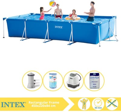 Intex Rechthoekig Frame Zwembad - 450 x 220 x 84 cm - Blauw - Inclusief Zwembadfilterpomp - Filter - Zoutwatersysteem - Zwembadzout - 5-delig