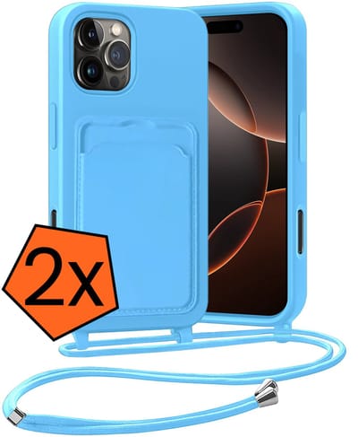 Hoesje Geschikt voor iPhone 16 Pro Hoesje Met Telefoonketting Pasjeshouder Case Koord - Hoesje Geschikt voor iPhone 16 Pro Hoes Met Kaarthouder - Lichtblauw - 2 PACK