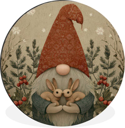 WallCircle - Wandcirkel - Muurcirkel - Kerstgnome - Konijntjes - Kleurrijk - Aluminium - Dibond - 30x30 cm - Binnen en Buiten