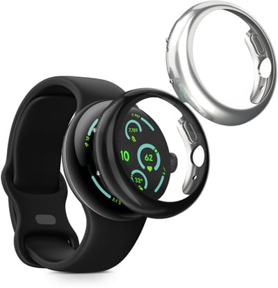kwmobile 2x smartwatch hoes geschikt voor Google Pixel Watch 4 41mm hoesje - Siliconen sporthorloge cover - Activity tracker case in zwart / zilver