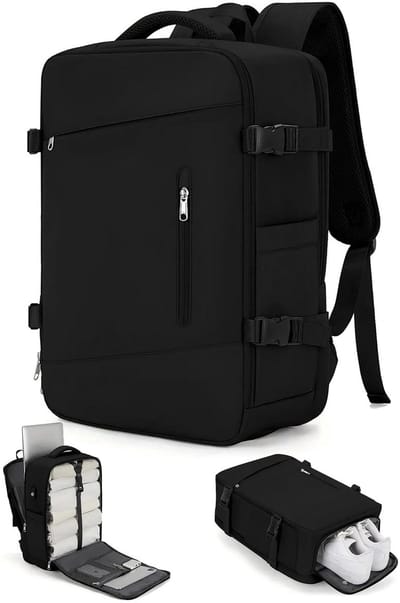 KZQ Reistas Grote Rugzak Dames Heren Waterdicht Outdoor Casual Dagrugzak Large Travel Backpack 15 Inch Laptoptas Carry on Flight Approved USB Charging Port Shoe Pouch College Bag Weekender Business Zwart 40L