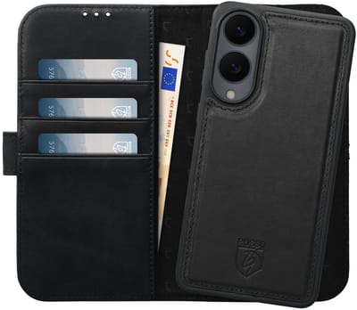 Rosso Elite Hoesje Geschikt voor Samsung Galaxy S25 Edge | Compatibel met MagSafe / Qi2 | Book Case en Back Cover | Magnetisch Uitneembaar | Echt Leer Beschermhoes met Pasjeshouder | Zwart