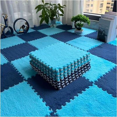 Pluche Tapijttegels - Schuim Vloermatten - Kinder Speelruimte - Zacht Hoogpolig - 10 Stuks 30x30 - Blauw Marine