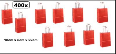 400x Papieren koordtas rood 18x8x24cm koord tas luxe kerst shoppen kado thema feest goodie bag festival evenement