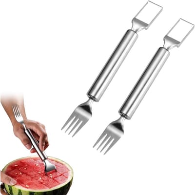 2-in-1 RVS Watermeloen Vork en Fruit Cutter met Dubbele Kop voor Thuis, Kamperen en Tuinieren - Ideaal voor Fruitliefhebbers