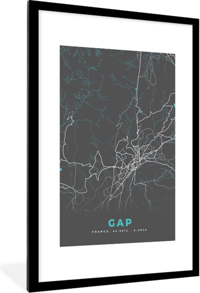 Fotolijst incl. Poster - Gap - Kaart - Plattegrond - Stadskaart - Frankrijk - 80x120 cm - Posterlijst