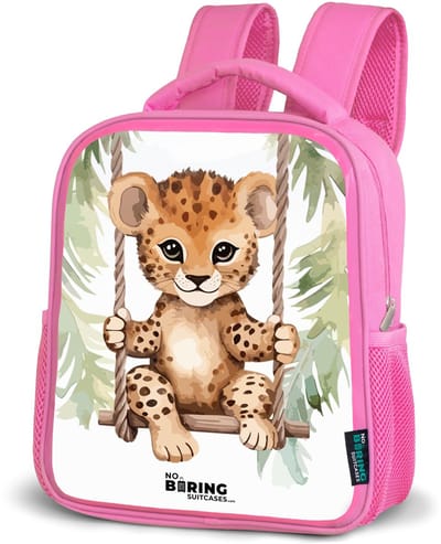 NoBoringSuitcases.com® - Rugzak roze - Schooltas meisjes - Luipaard welp op een schommel waterverf illustratie - Kinder rugtas meisje - Boekentas kind - Kinderrugzak voor school - Schoolrugzak