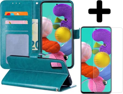 Hoesje - Met Screenprotector - Geschikt voor Samsung Galaxy A51 - Luxe Pasjeshouder - Flipcase - Bookcase Portemonee - Flip Case - Kunstleer Book Case - Book Cover - Walletcase - Portemonneehoes - Telefoonhoes - Turquoise