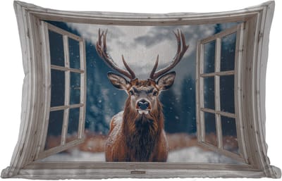 Buitenkussens - Tuin - Hert - Dieren - Landschap - Winter - Sneeuw - Doorkijk - Natuur - 50x30 cm
