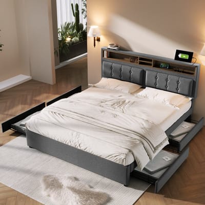 Wishdor Smart Bed / Tweepersoonsbed met 4 Lades (140x200 cm) - Gestoffeerd met Verstelbaar Hoofdbord, USB-C & Stopcontact - Linnen - Grijs