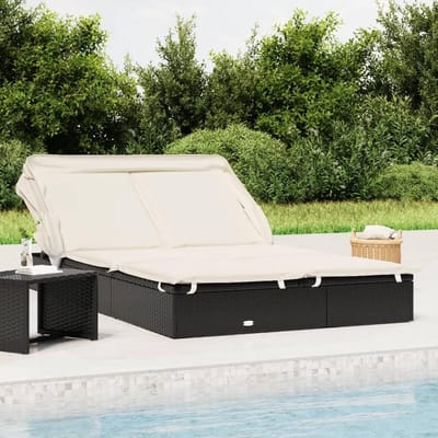 Zonnebed voor 2 Personen met Klapbaar Sonnedak 213 x 118 x 97 cm – Luxe PE-Rattan Dubbele Ligstoel voor Tuin, Balkon & Strand – Weerbestendige Outdoor Lounge Ligstoel – Zwart – Bella