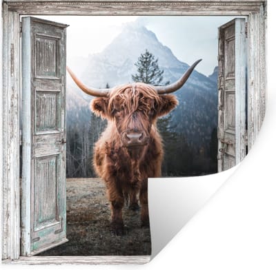 Muurstickers - Sticker Folie - Schotse hooglander - Koe - Landelijk - Doorkijk - 100x100 cm - Plakfolie - Muurstickers Kinderkamer - Zelfklevend Behang XXL - Zelfklevend behangpapier - Stickerfolie