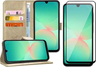 Hoesje geschikt voor Samsung Galaxy A17 5G / A26 - Screenprotector Volledig Dekkend Glas - Portemonnee Book Case Goud