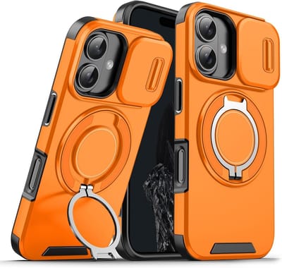 Hoesje Geschikt voor iPhone 16 Plus hoesje Oranje backcover met Met Draaibare Ring Houder en camera bescherming