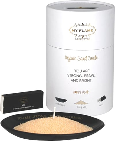 MY FLAME - Kaarsenzand giftbox - YOU ARE STRONG, BRAVE, AND BRIGHT - inclusief schaaltje met quote, 200g wax en 6 lonten - Zwart