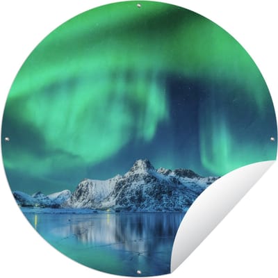 Tuincirkel Noorderlicht - Berg - Sneeuw - 60x60 cm - Ronde Tuinposter - Buiten