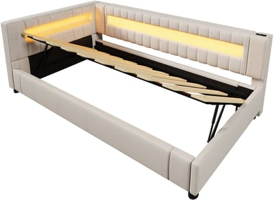 COVREO Slaapbank met LED en hydraulische opbergruimte – 90x200 cm – Daybed met USB-C – Bed voor slaapkamer – Beige - zonder matras