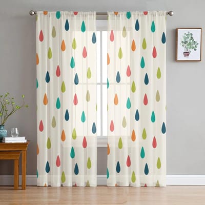 Kleurrijke Retro Moderne Waterdruppels Bedrukte Tule Gordijnen voor Slaapkamer Balkon Raam Decor Creatief Mode Huis Doorzichtig Gordijn 135W x 114H(cm) white