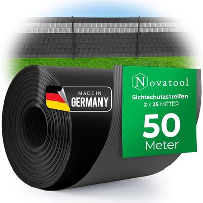 Novatool 2x 25m rol PP Premium privacy strips voor dubbelstaafmatten ANTRACIET RAL 7016 - 19 cm hoog - 20 rijen staafmatten schutting privacy strips GRIJS met groeven schuttingelementen privacy scherm