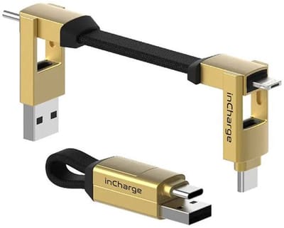 Rolling Square inCharge 6 - 6-in-1 Korte Oplaadkabel 9 cm - USB-C, Lightning & Micro-USB - Universele Oplaadkabel voor iPhone, iPad, Android & Laptop - Goud