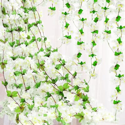 6 Stuks Nep Kersenbloesem Bloem Klimop - Faux Sakura Versiering voor Thuis, Bruiloft en Feestdecoratie (Wit)