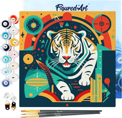 Figured'Art Mini Schilderen op Nummer Volwassenen 20x20cm met lijst Tijger Art - Deco-geïnspireerde Abstractie - Klein Formaat Creatieve Hobby Kit DIY Art Nummer Compleet