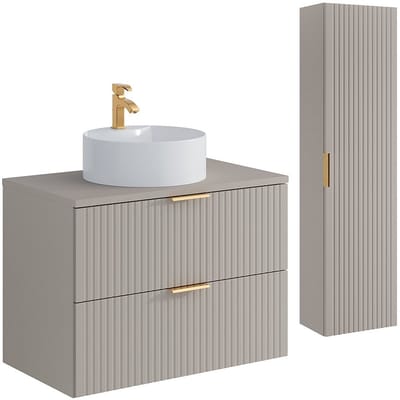 Vente-unique Zwevend badkamermeubel met ronde opbouwwastafel en kolomkast - Geribbeld beige kleur - 80 cm - ZEVARA