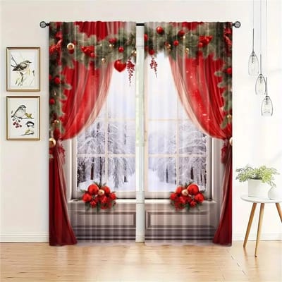 3D kerstgordijnen met 3D sneeuwpop en sneeuwlandschap print, rode gordijnen voor de slaapkamer, kerstdecoratie, 2 panelen, kerstraamgordijnen 50W130H(CM)X2PCS&Grommet Top gray