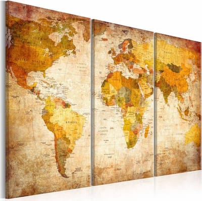 Schilderij - Wereldkaart - Antieke Reis, 3luik , multikleur , wanddecoratie , premium print op canvas