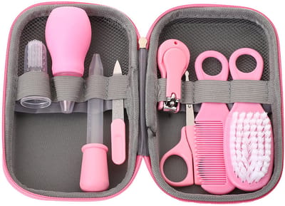 Babyverzorgingsset - Inclusief haarborstel, kam, nagelknipper, enz. - Geschikt voor pasgeborenen, baby's en peuters - 8-delige set met pipetjes - Kam, borstel, neusaspirator - 8-delige verzorgingsset EVA-tas