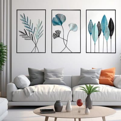 3 Delige Metalen Wanddecoratie Set - Modern Blad Muurschildering met Lijst voor Woonkamer en Slaapkamer