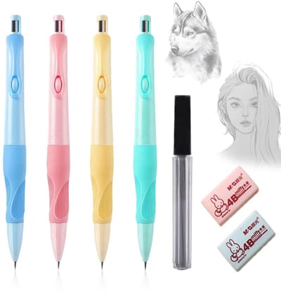 Dailygoods- Vulpotlodenset met 4 pastelkleuren - 2 mm kerngrootte - 8 reservevullingen - Inclusief gummen - Perfect voor school en tekenen - Potloodset