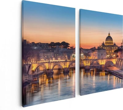 Artaza Canvas Schilderij Tweeluik Engelenbrug in Rome bij Zonsondergang - 80x60 - Foto Op Canvas - Canvas Print