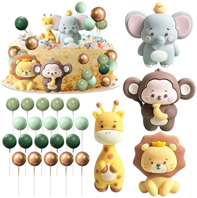 Dailygoods- Taartdecoratie 24 Stuks - Jungle-Thema Taarttopper - Siliconen Dierfiguren - Olifant/Aap/Giraf/Leeuw - Verjaardagsdecoratie - Duurzaam Materiaal