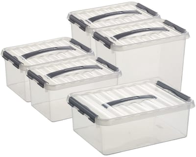 Sunware Q-Line opberg boxen set van 5x stuks - 3 maten - 6-9-12 liter - kunststof - transparant/grijs