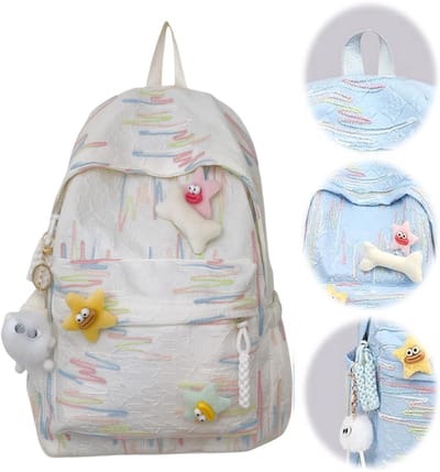 KZQ Schattige Y2K rugzak met sterrenaccessoires en pluche hangers nylon 30x14x40 cm voor meisjes basisschool en middelbare school wit