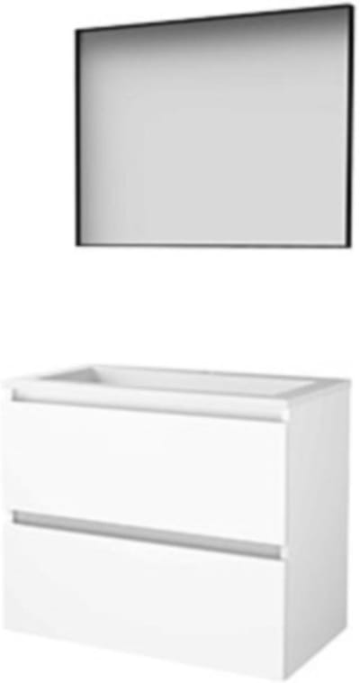 Basic-Line Framed 46 Badkamermeubelset - 80 x 46 cm - Greeploos - 2 Lades - Acryl Wastafel - 1 Kraangat - Spiegel met Zwart Aluminium Frame - Ice White