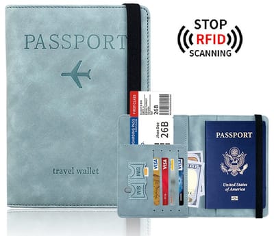 Paspoorthouder met RFID Blokkering – Lederen Paspoorthoes – Reisportefeuille – Paspoort Organizer – Reistas Accessoire – Compact & Stijlvol – Unisex – Hemelsblauw
