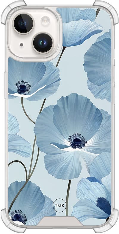 Shockproof hoesje geschikt voor Apple iPhone 14 - Blauw bloemenveld - Schokbestendig - Verhoogde randen - TPU case - Extra Sterke Back Cover - Bloemen - Transparant, Blauw