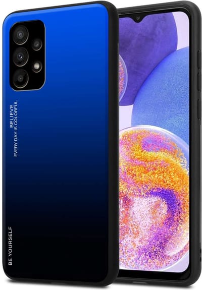 Cadorabo Hoesje geschikt voor Samsung Galaxy A23 4G / 5G in BLAUW - ZWART - Tweekleurige beschermhoes van TPU-silicone Case Cover en achterzijde van gehard glas