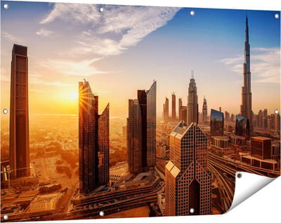 Gards Tuinposter Dubai Stad bij Zonsopgang - 120x80 cm - Tuindoek - Tuindecoratie - Wanddecoratie buiten - Tuinschilderij