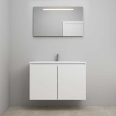 On-Line Badkamermeubelset - 100 cm - Bouwpakket - Greeploos 2 Deuren - Acryl Wastafel - 1 Kraangat - Spiegel met LED-Verlichting - Hoogglans Wit