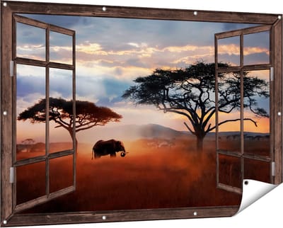 Gards Tuinposter Doorkijk Olifant in het Wild - Savanne - 150x100 cm - Tuindoek - Tuindecoratie - Wanddecoratie buiten - Tuinschilderij