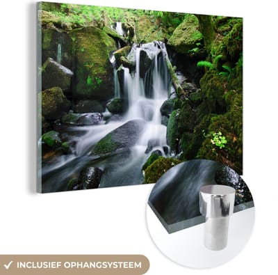 ® Glasschilderij 180x120 cm - Schilderij acrylglas - Woeste waterval in de bossen van het Engelse Nationaal park Dartmoor - Foto op glas - Muurdecoratie woonkamer - Wanddecoratie slaapkamer - Schilderijen
