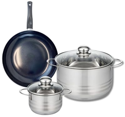Set van 1 Koekenpan 24 cm en 2 kookpotten 14 en 24 cm Elo Prima Glanzend