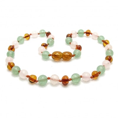 Wild Sun Barnsteen Ketting Baby / Peuter - Amber Ketting - Baltische Barnsteen – Pijnstillend bij Doorkomende Tanden - 32 cm – Cognac / Aventurijn / Rozenkwarts