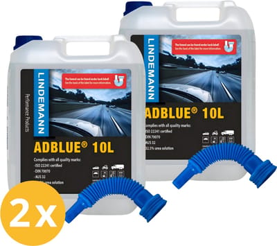 Lindemann AdBlue® 2x 10l - Inclusief Handige Vulslang (Achter Etiket/ In de Kan) - ISO 22241 gecertificeerd - UREA AUS32 Grade - Voor alle Automerken